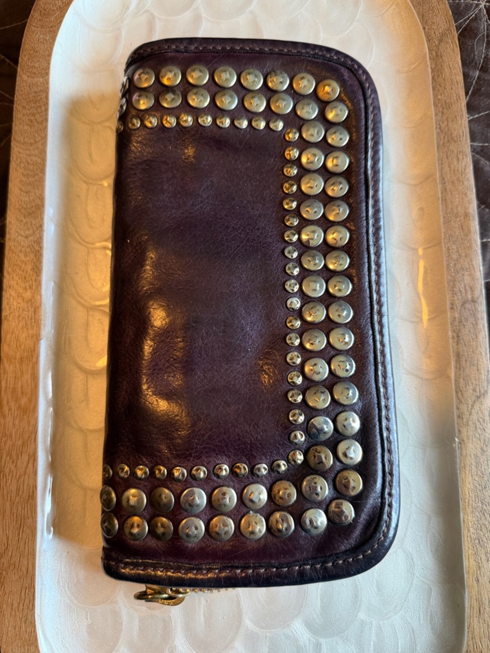 Campomaggi Dark Brown/burgundy Leather Studded Zip Wallet